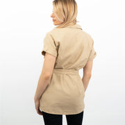 Beige Short Sleeve Longline Shirts Women's Utility Style Tops