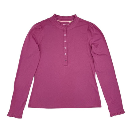 Boden Damson Pink Supersoft Frill Henley Top Cotton Modal Slim Fit - Quality Brands Outlet