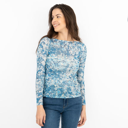 Karen Millen Long Sleeve Boat Neck Blue Abstract Tops-Quality Brands Outlet-