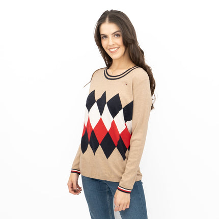 Lucy Argyle Jumper Beige Diamond Intarsia Long Sleeve Tops-Quality Brands Outlet-