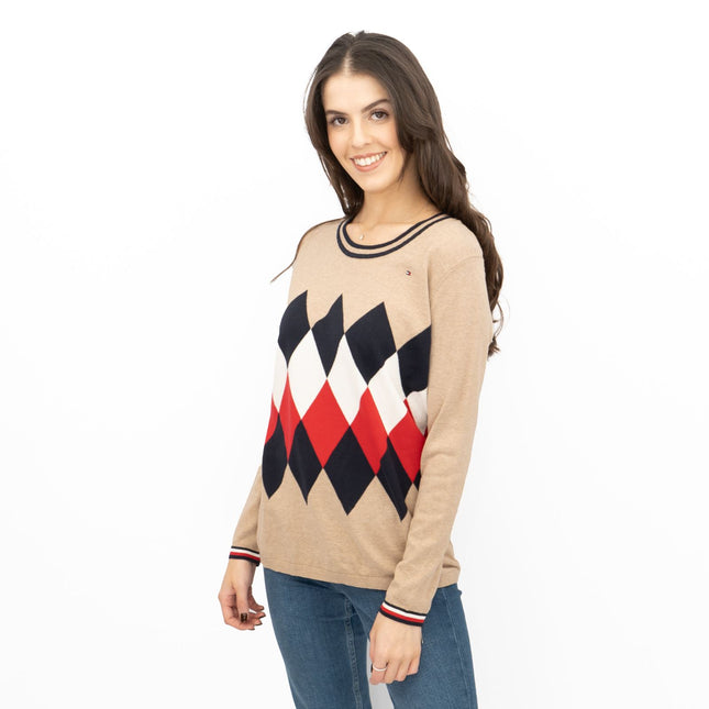 Lucy Argyle Jumper Beige Diamond Intarsia Long Sleeve Tops - Quality Brands Outlet