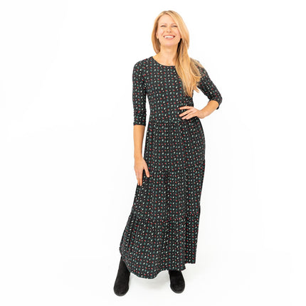 Seasalt Black Floral Line Strokes Midi Tiered Dress 3/4 Sleeve-Quality Brands Outlet-