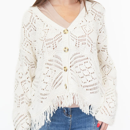 M&S Knitted V-Neck Fringe Cropped Cardigan Boho-Chic Natural Ivory-Quality Brands Outlet-