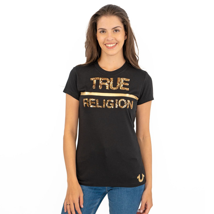 True Religion Womens Top Sequin Black Gold