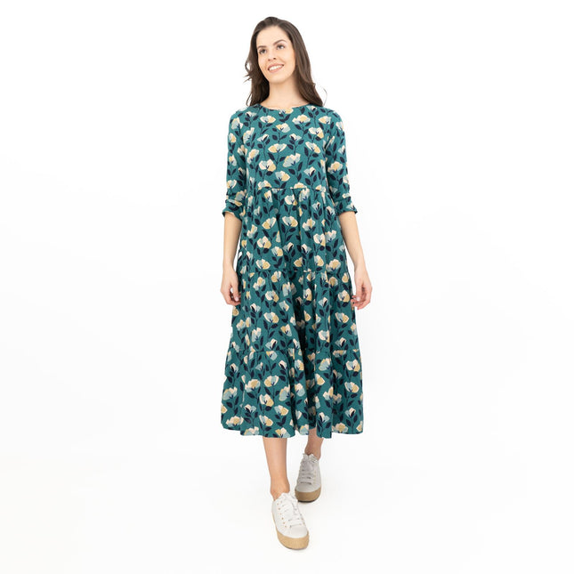 Seasalt Womens Green Floral Jersey Line Strokes 3/4 Sleeves Dress-Quality Brands Outlet-