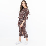 Jasper Conran Beau 3/4 Sleeve Brown Print Boat Neck Relaxed Fit Midi Dresses with Split and Pockets