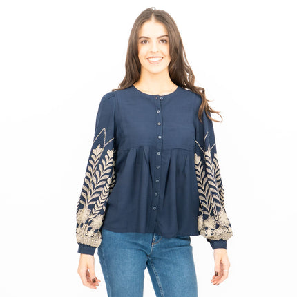 Seasalt Navy High Woods Blouson Long Sleeve Shirt-Quality Brands Outlet-