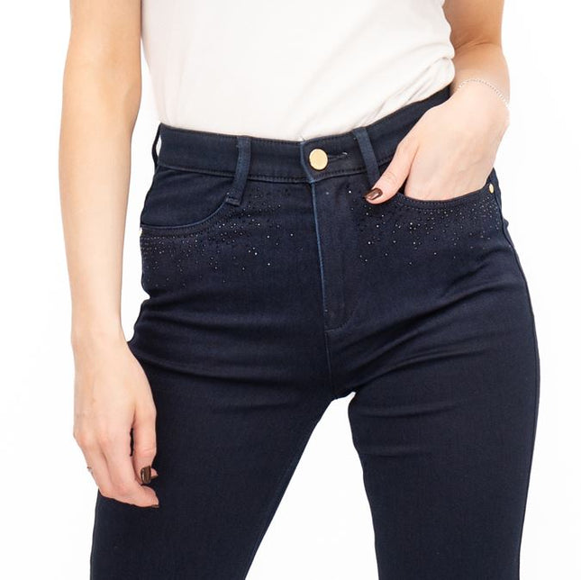 M&S Womens Jeans High Waisted Embellished Sparkle Stretch Straight Leg Indigo-Quality Brands Outlet-