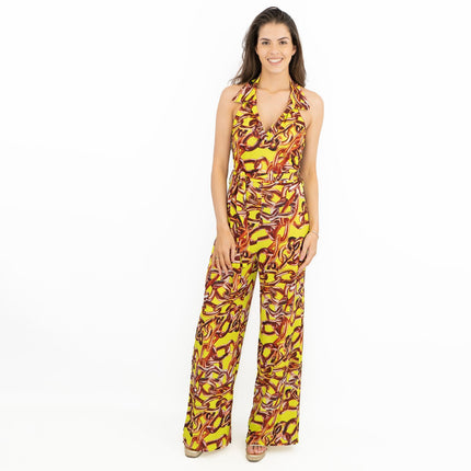 Karen Millen Yellow Gold Chain Print Sleeveless Wide Leg Stretchy Collared Jumpsuits-Quality Brands Outlet-