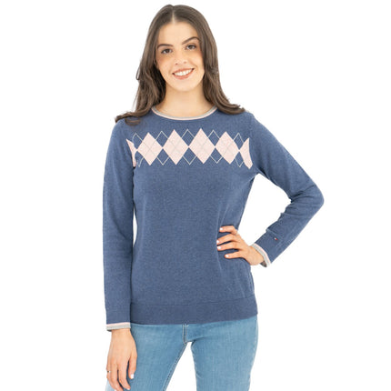 Lucy Argyle Blue Jumper Diamond Intarsia Long Sleeve Tops-Quality Brands Outlet-