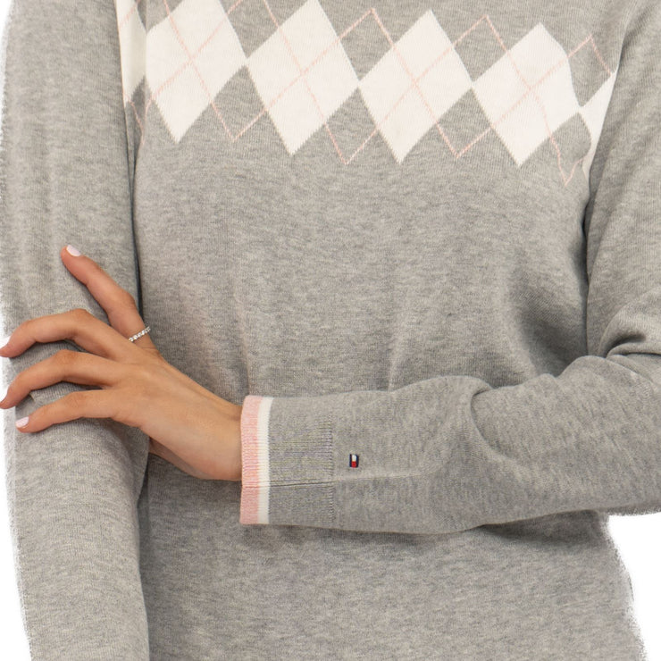 Lucy Argyle Jumper Grey Diamond Intarsia Long Sleeve Tops - Quality Brands Outlet