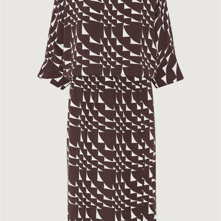 Jasper Conran Beau 3/4 Sleeve Brown Print Boat Neck Relaxed Fit Midi Dresses with Split and Pockets