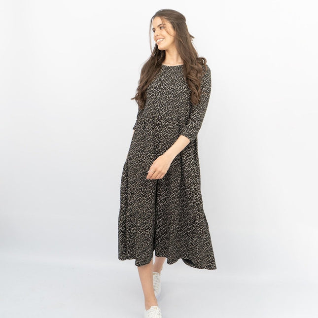 Seasalt Black Ditsy Cotton Strokes Jersey 3/4 Sleeves Knee Length Dresses - Quality Brands Outlet