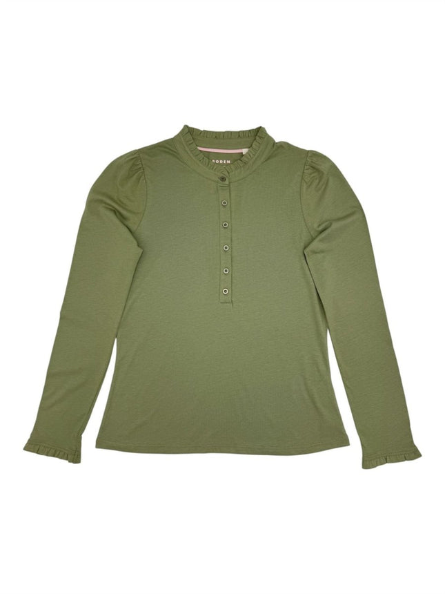 Boden Light Green Supersoft Frill Henley Top Cotton Modal Slim Fit - Quality Brands Outlet