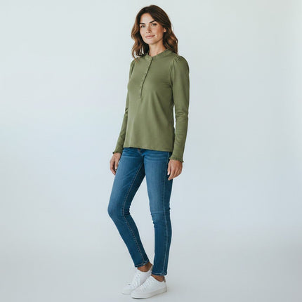 Boden Light Green Supersoft Frill Henley Top Cotton Modal Slim Fit - Quality Brands Outlet