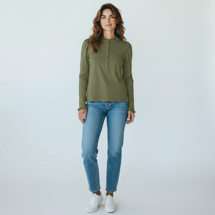 Boden Light Green Supersoft Frill Henley Top Cotton Modal Slim Fit - Quality Brands Outlet