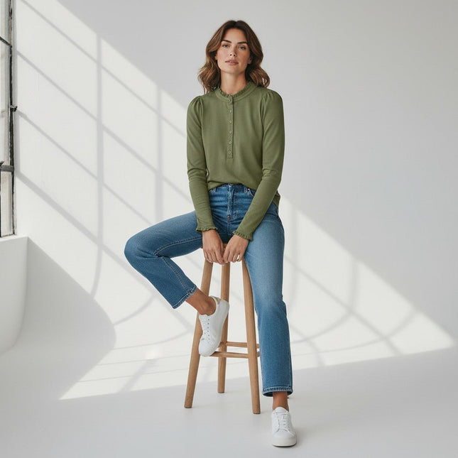 Boden Light Green Supersoft Frill Henley Top Cotton Modal Slim Fit - Quality Brands Outlet