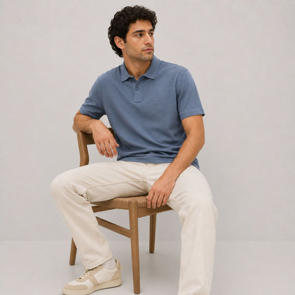 M&S Blue Pure Cotton Garment Dyed Polo Shirt Relaxed Fit-Quality Brands Outlet-