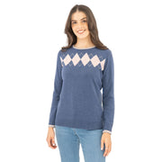 Lucy Argyle Blue Jumper Diamond Intarsia Long Sleeve Tops - Quality Brands Outlet