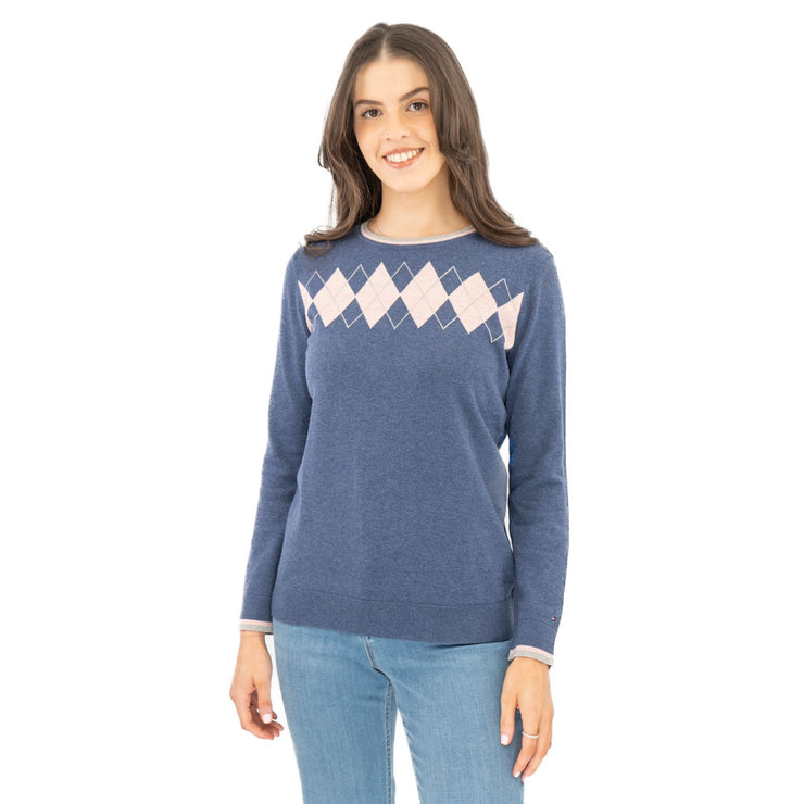 Lucy Argyle Blue Jumper Diamond Intarsia Long Sleeve Tops - Quality Brands Outlet