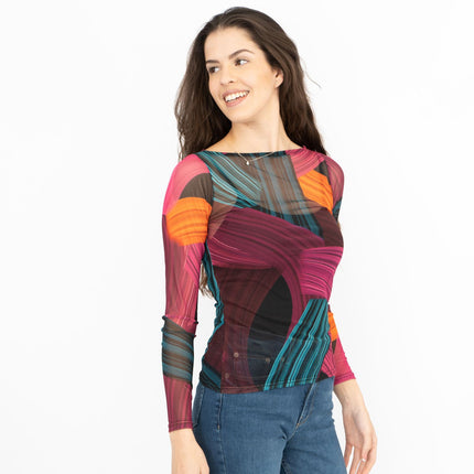 Karen Millen Abstract Purple Long Sleeve Mesh Top-Quality Brands Outlet-