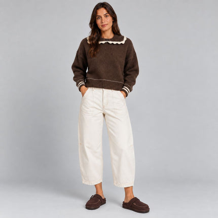 Womens Jumper Knitwear Chocolate Brown Scalloped Neck Collar