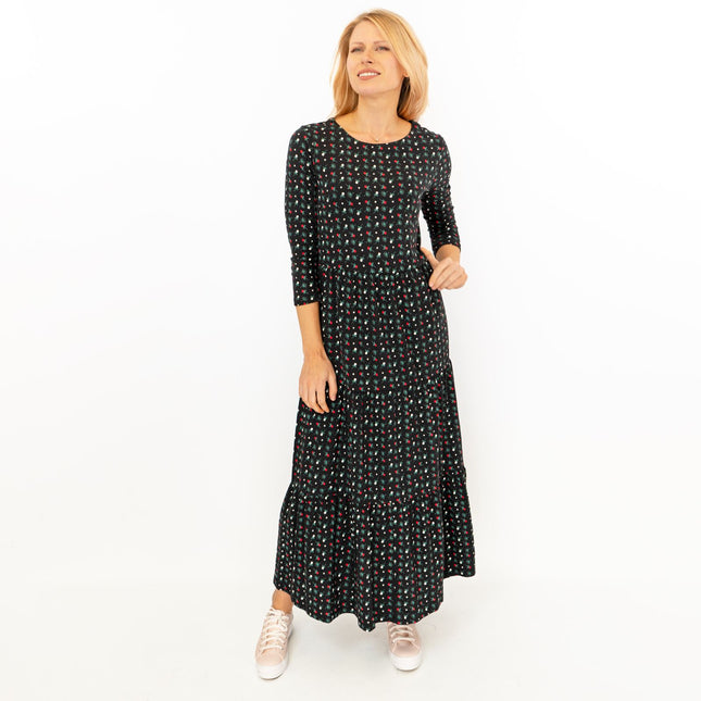 Seasalt Black Floral Line Strokes Midi Tiered Dress 3/4 Sleeve-Quality Brands Outlet-