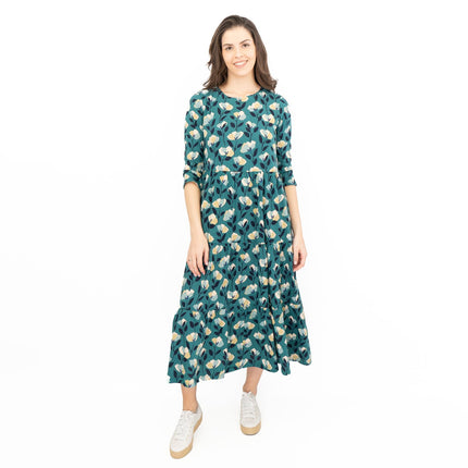 Seasalt Womens Green Floral Jersey Line Strokes 3/4 Sleeves Dress-Quality Brands Outlet-