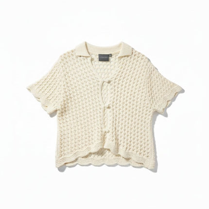 Ivory Crochet Knit Tops Co-Ord Scalloped Hem Short Sleeve Summer-Quality Brands Outlet-
