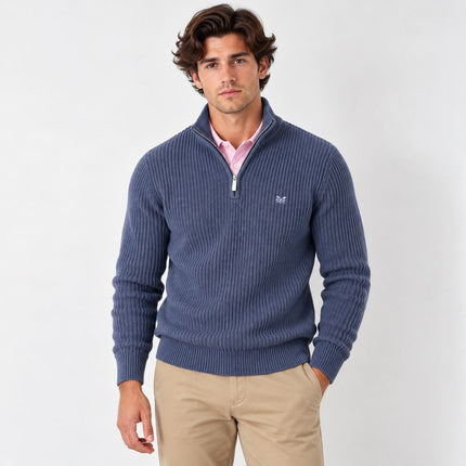 Mens Jumper Fisherman Rib Quarter-Zip – Mid Blue-Quality Brands Outlet-