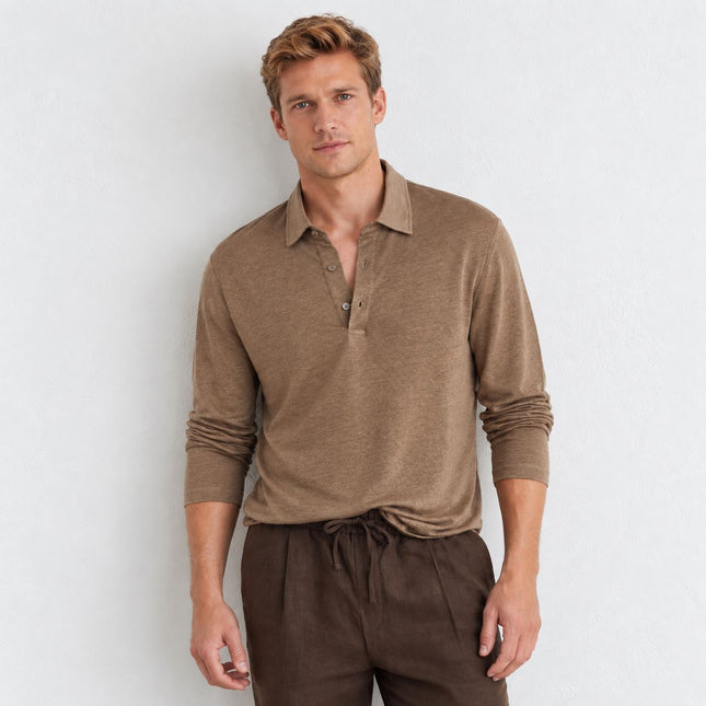 Mens Tops Long Sleeve Pembroke Linen Knitted Polo - Brown
