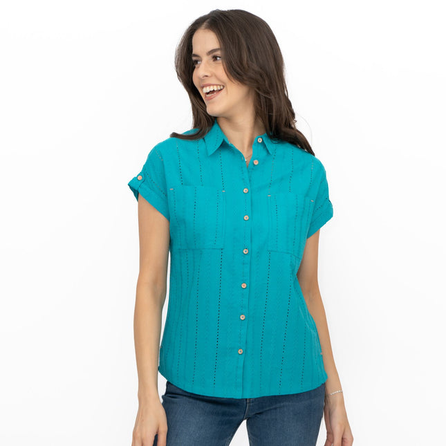 White Stuff Ellie Turquoise Cotton Broderie Short Sleeve Top-Quality Brands Outlet-