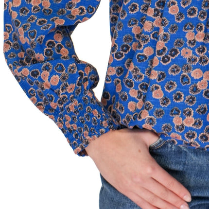 White Stuff Sylvie Top Blue Floral Print Elasticated Crew Neck Long Sleeve - Quality Brands Outlet