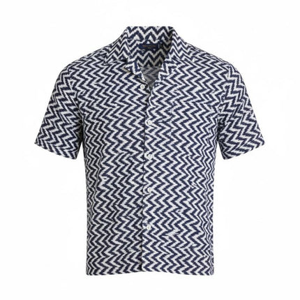 Mens Florida Chevron Print Shirt Cuban Collar Navy - Quality Brands Outlet