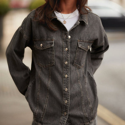 Next Denim Overshirt Long Sleeve Oversized Tops Black-Quality Brands Outlet-