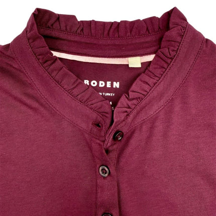 Boden Burgundy Supersoft Frill Henley Top Cotton Modal Slim Fit-Quality Brands Outlet-