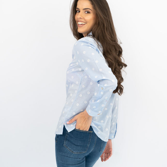 White Stuff Long Sleeve Relaxed Fit Button-Up Lightweight Cotton Blue Embroidered Shirts-Quality Brands Outlet-