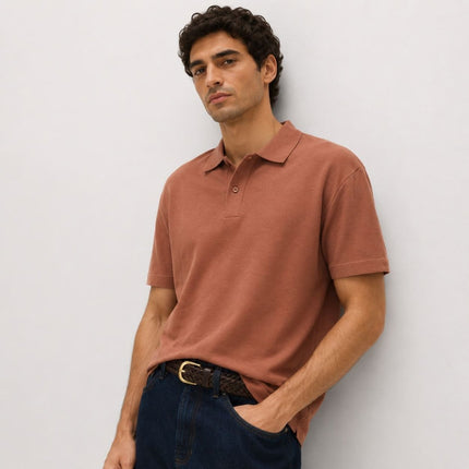 M&S Rust Brown Pure Cotton Garment Dyed Polo Shirt Relaxed Fit-Quality Brands Outlet-