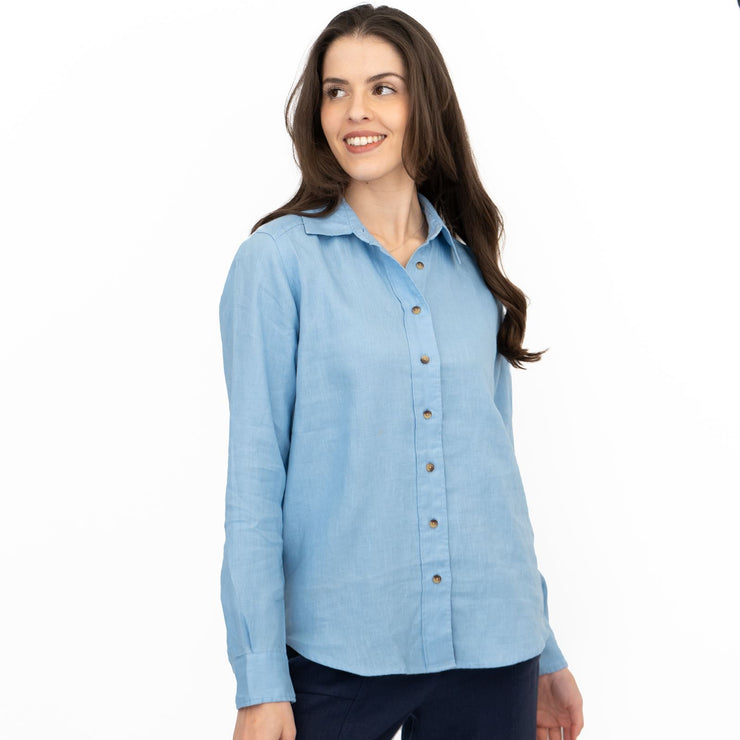 M&S Womens Mid Blue Pure Linen Collared Blouse