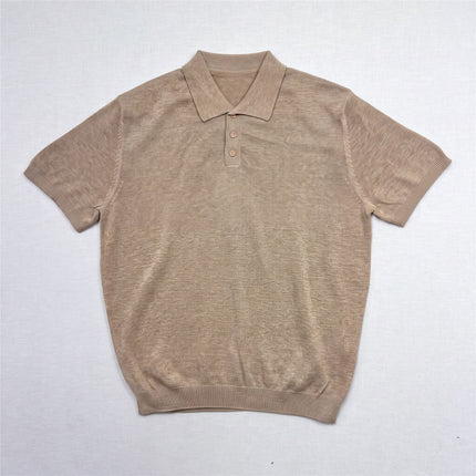 Massimo Dutti Mens Classic Knitted Linen Blend Polo Shirt 3 Button Camel Brown