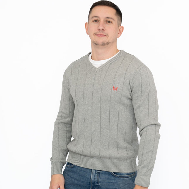 Crew Clothing Mens Jumper Light Grey V-Neck Ribbed Long Sleeve Organic Cotton-Quality Brands Outlet-