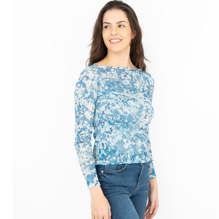 Karen Millen Long Sleeve Boat Neck Blue Abstract Tops-Quality Brands Outlet-