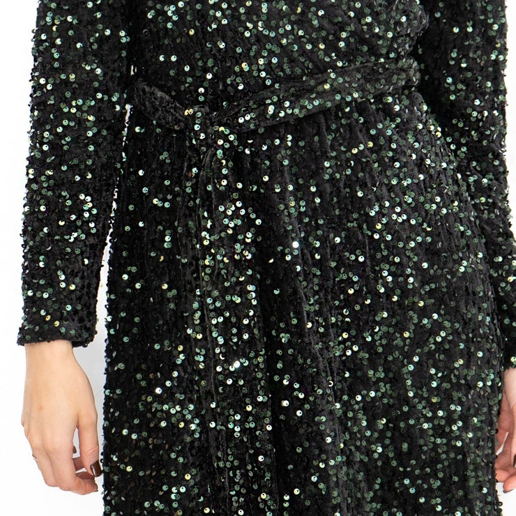 Velvet Sequin Wrap Midi Dress Sparkle Green - Quality Brands Outlet