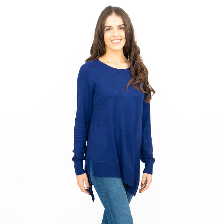 Evans Womens Asymmetric Top Blue Longline Crew Neck Long Sleeve Relaxed Fit - Quality Brands Outlet