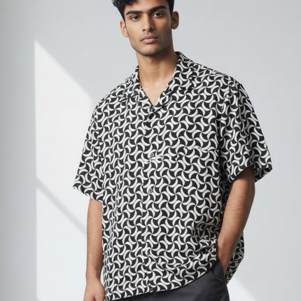 Mens Shirts Short Sleeve Navy Geo Print - Quality Brands Outlet