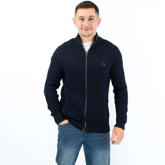 Crew Clothing Mens Chunky Knit Jacket Zip Up Navy Flecks-Quality Brands Outlet-