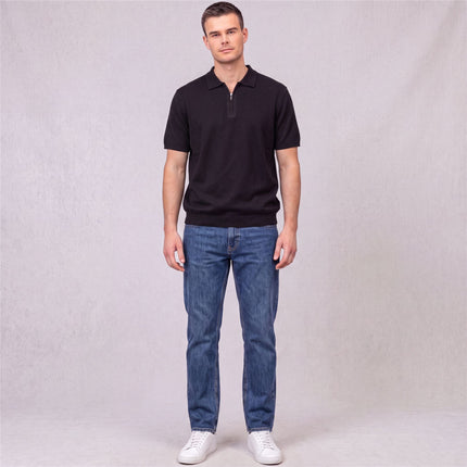 Massimo Dutti Mens Classic Knitted Linen Blend Polo Shirt Half Zip Neck Black