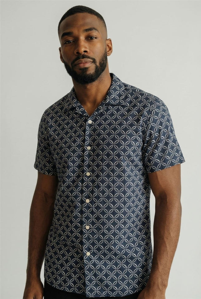 Mens Shirts Short Sleeve Cuban Collar Navy Geo Print - Quality Brands Outlet