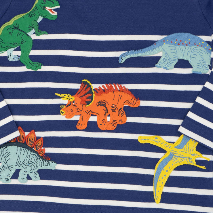 Mini Boden Boys Blue Stripe Long Sleeve Dinosaurs Aplique Tops
