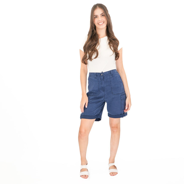 M&S Cargo Shorts Elastic Waist Cotton Lyocell Navy Blue Turn Up - Quality Brands Outlet